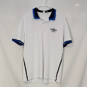 EUC G/Fore Polo Shirt Mens Sz Large Blue Trim White Eagle Golf Club Embroidered